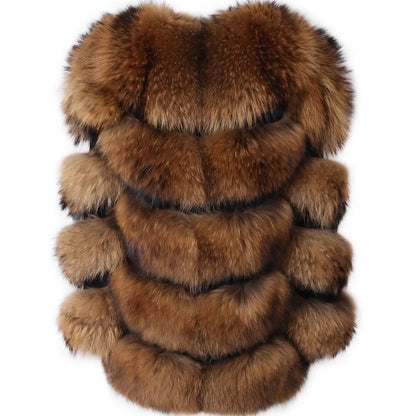 Natural Raccoon Fur Coat with Stacked Sleeves & Leather Inserts
