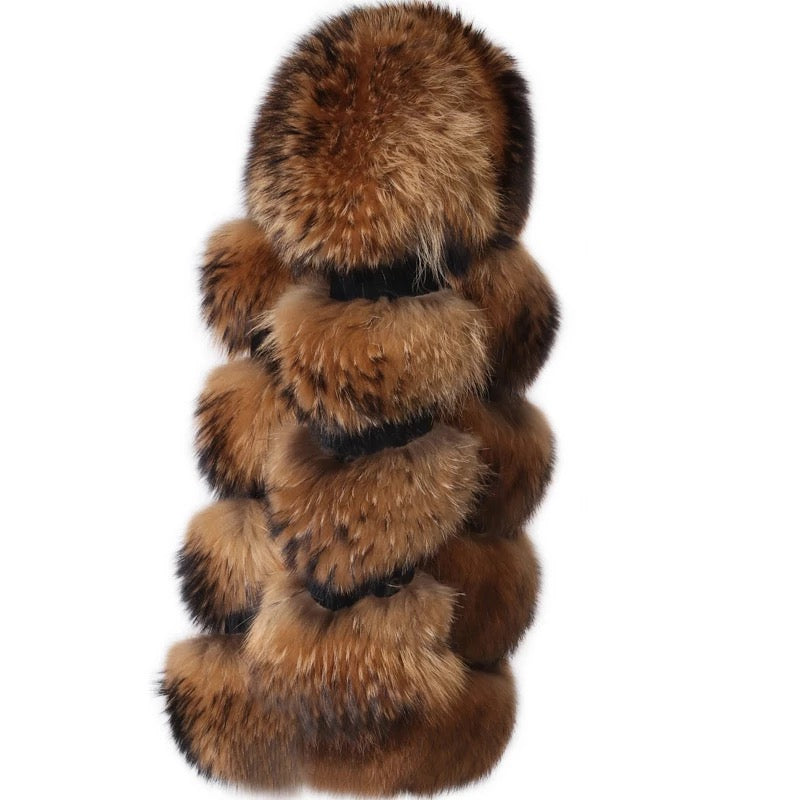 Natural Raccoon Fur Coat with Stacked Sleeves & Leather Inserts