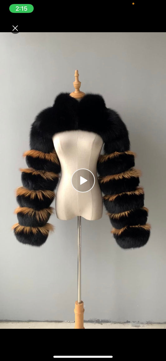 Fox Fur Bolero with Stacked Sleeves & Natural Raccoon Inserts