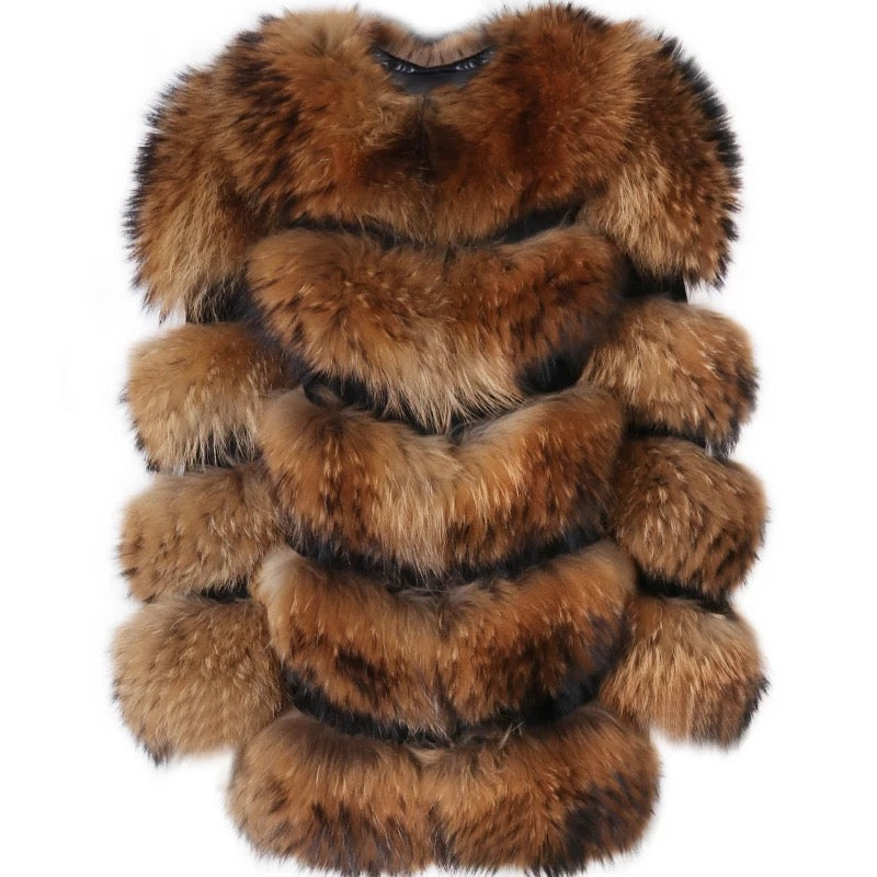 Natural Raccoon Fur Coat with Stacked Sleeves & Leather Inserts